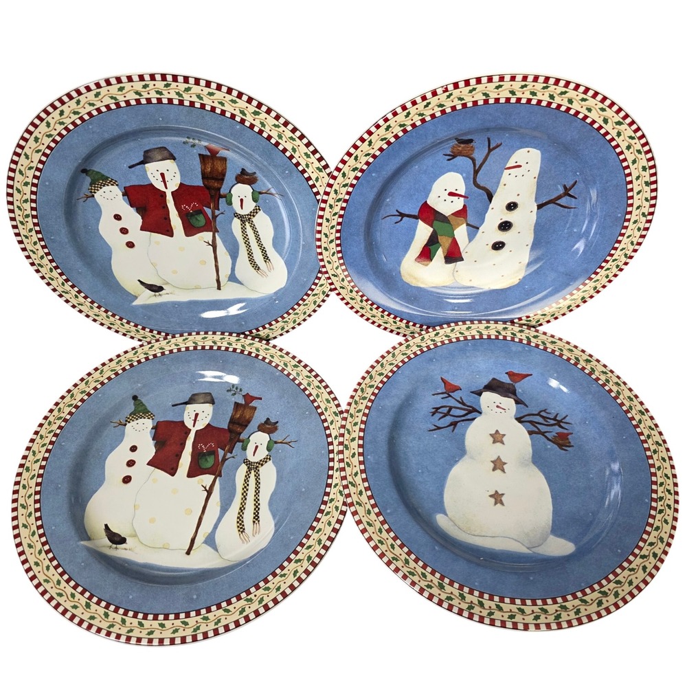 Sakura‎ Snowman Salad Dessert Plates Debbie Mumm Set of 4 Tablescape Christmas